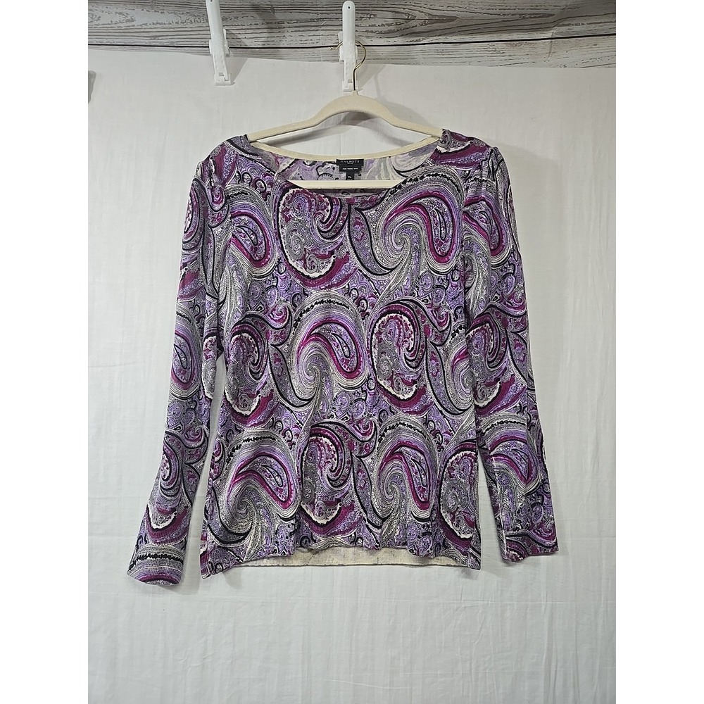 Talbots Womens Medium Petite Sweater 100% Merino Wool Pullover Purple Paisley